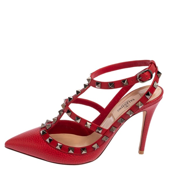 Valentino Red Leather Rockstud Pointed Toe Ankle Strap Sandals Size 40 - Picture 10 of 10